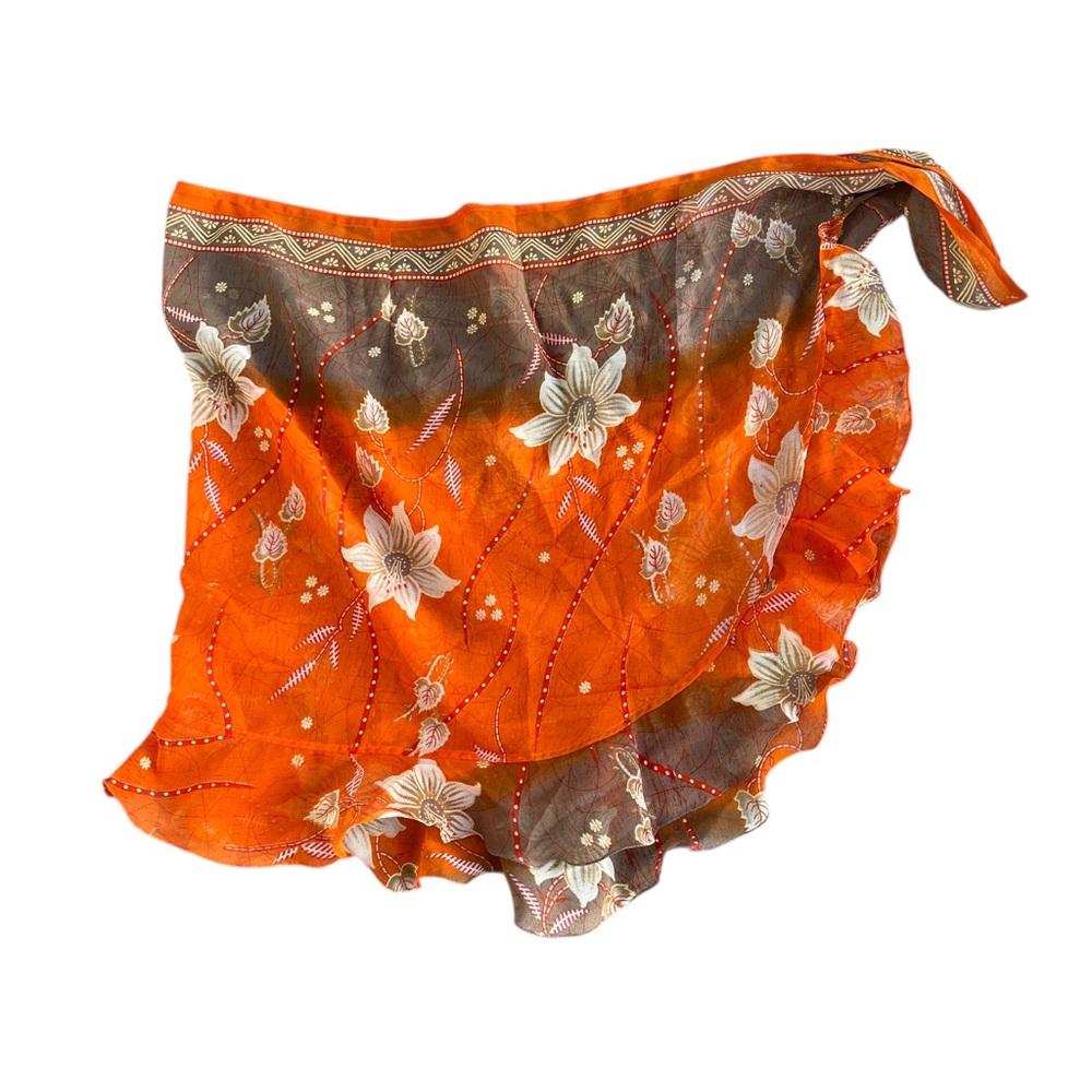 SOLD Handmade Women’s Orange & Brown Floral Side Tie Cover Up Skirt - Picture 3 of 3
